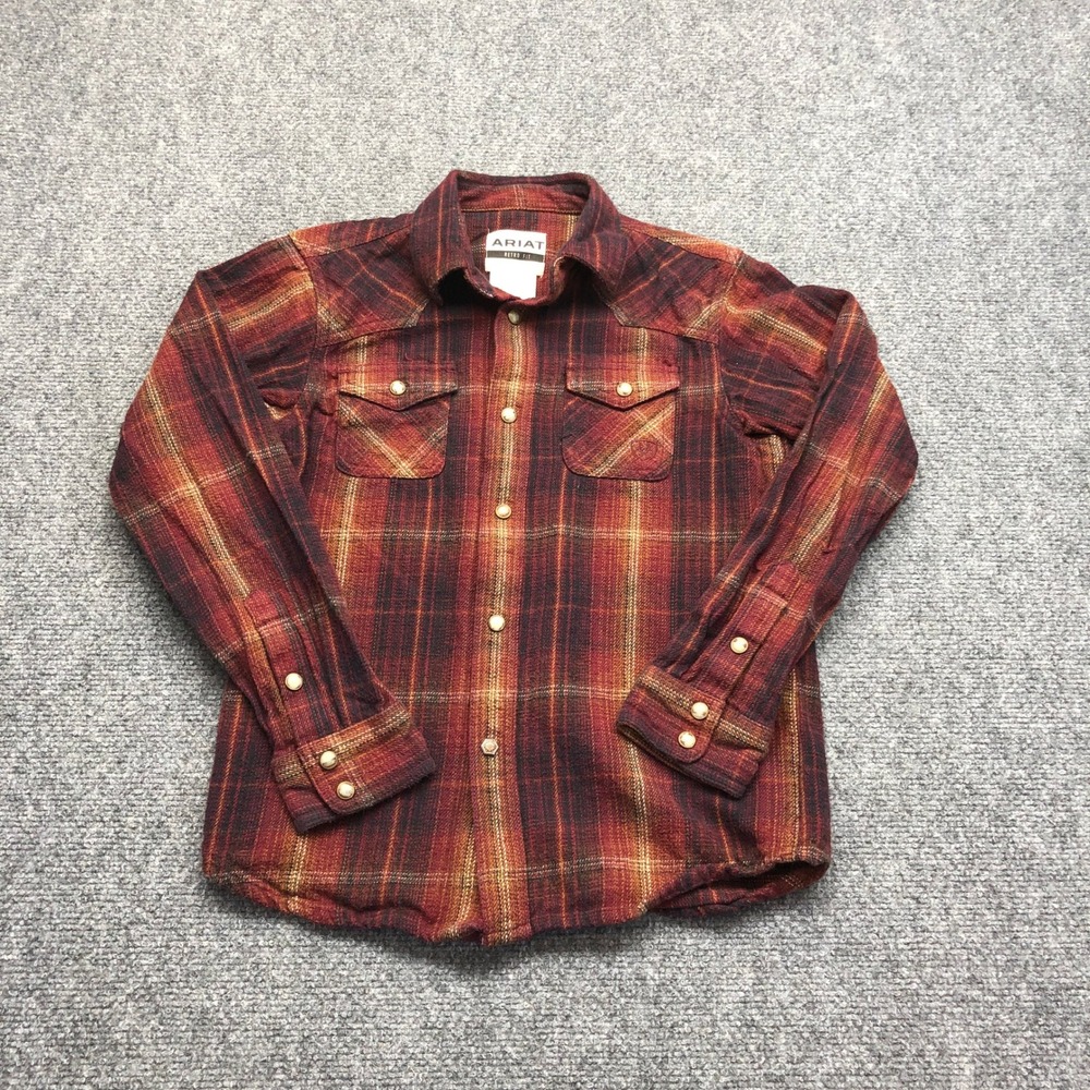 Ariat Boys Retro Fit Plaid Flannel Western Shirt Red Burgundy Pearl Snap S 8